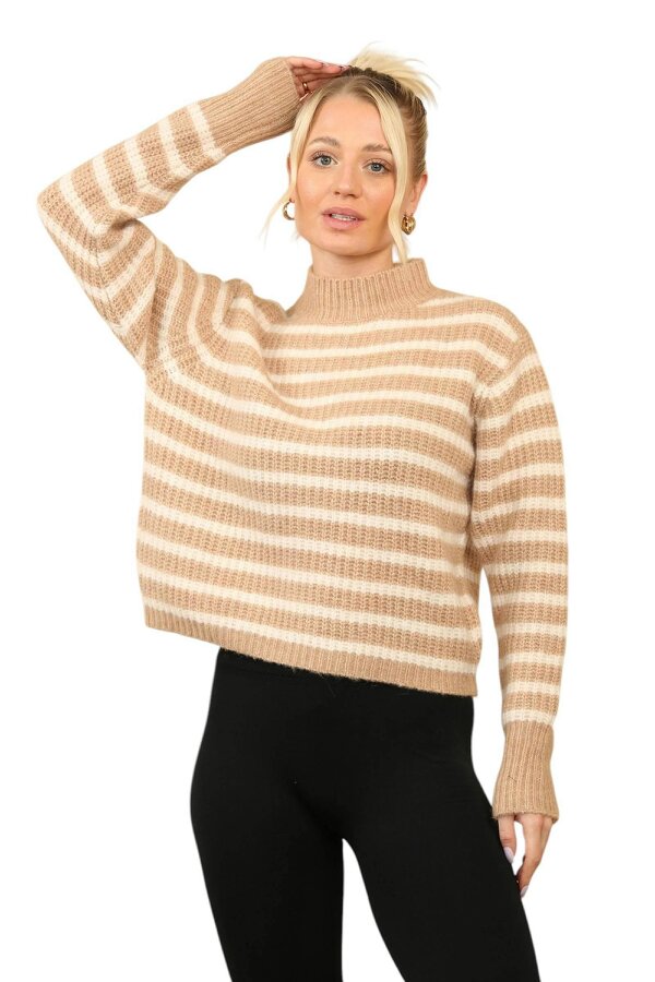 Elaina Fashion Cosy Striped Jumper with Mock Neck – Soft Acrylic Knit - CAMEL/WHITE