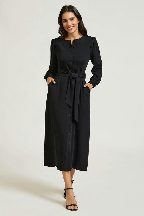 FS Collection Long Balloon Sleeve Jersey Midi Shirt Dress In Black