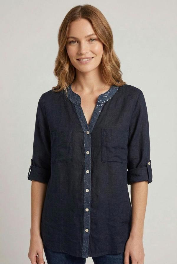 Navy | Sequin Trim 3/4 Sleeve Relaxed Shirt