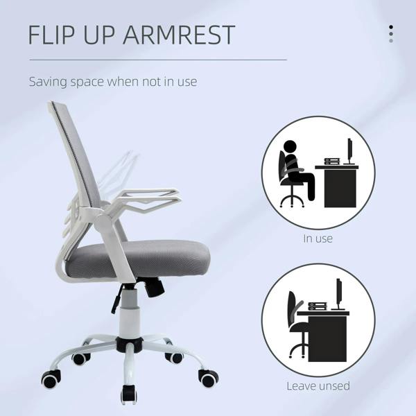 Grey office chair showing flip-up armrests over padded seat and swivel wheel base
