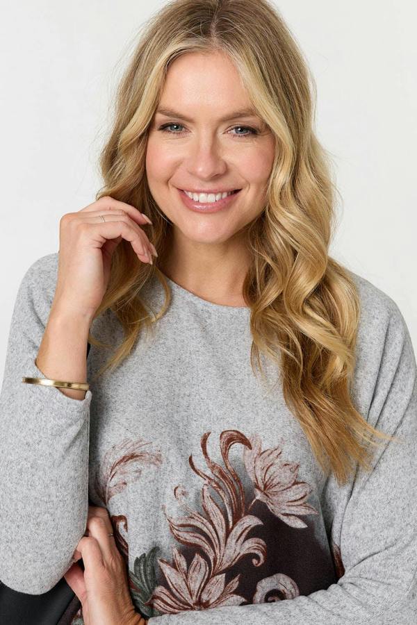 Brown | Floral Relaxed Long Batwing Sleeve Top