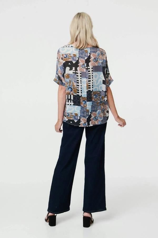 Blue | Patchwork Print 1/2 Sleeve Relaxed Top