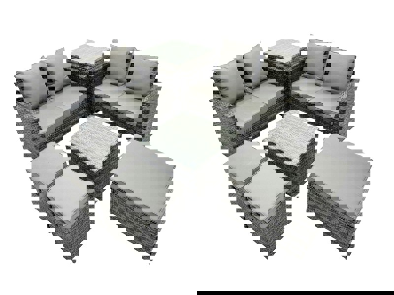 Fimous PE Rattan Garden Furniture Set Lounge Double Seat Sofa Coffee Table Set with Side Table 3 Stools Dark Grey Mixed