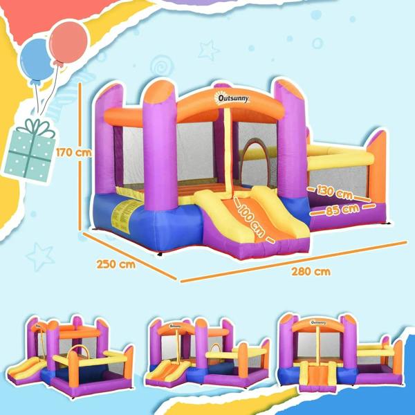 Multi-color inflatable bounce house design showing slide, trampoline area, and water pool