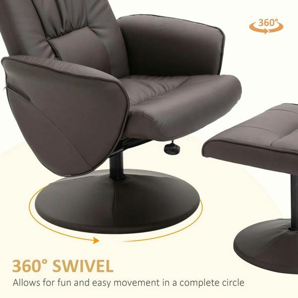 Brown executive recliner chair showing 360-degree swivel base and ottoman footrest.
