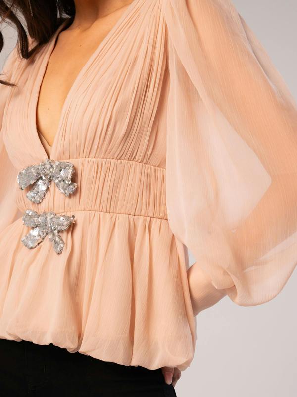 Rose & Nancy Anais Pink Hand Beaded Bow Blouse
