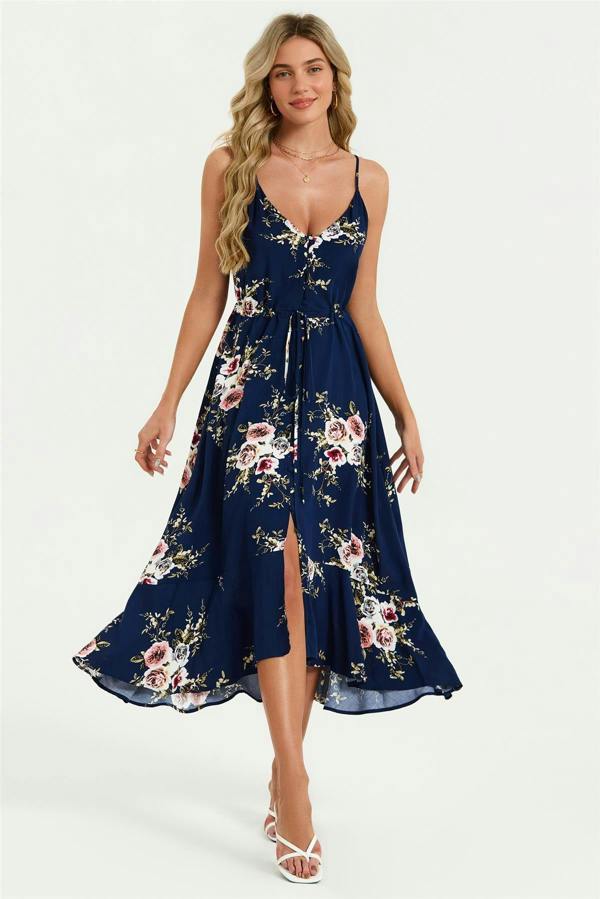 FS Collection Floral Print Button Down High Low Strappy Dress In Navy