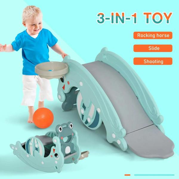 Teal 3-in-1 rocking horse slide with basketball hoop, gray ramp and orange ball