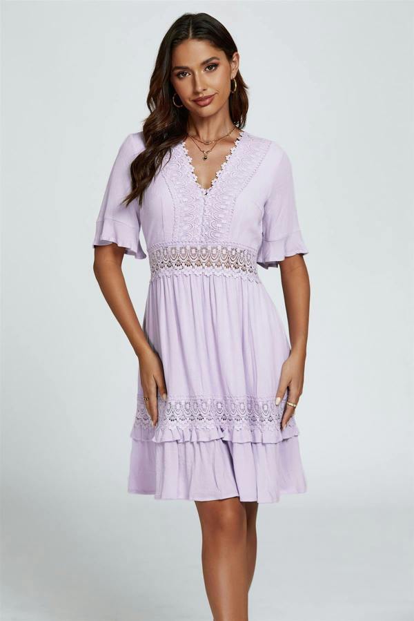 FS Collection V Neck Lace Mini Dress In Purple