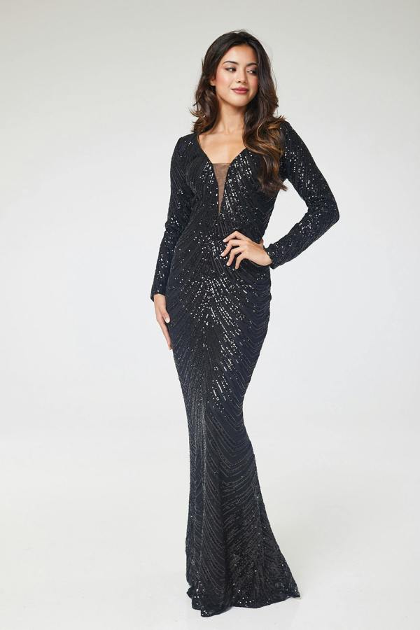 LuvForever Dione - Black Long Sleeve Sequin Maxi Dress