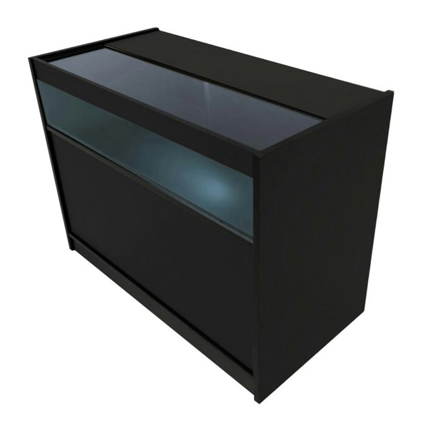 Sleek black LED retail shop counter with a glass top and illuminated display area, perfect for showcasing products in style