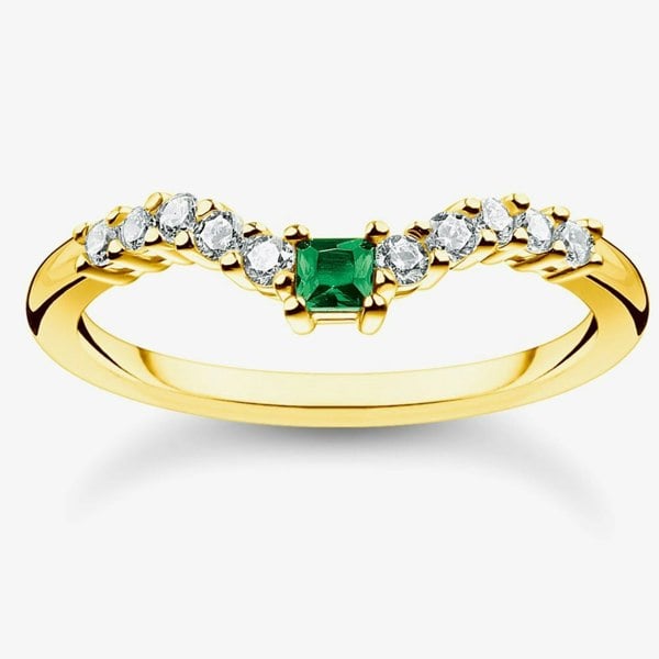 THOMAS SABO Gold Plated Green Stone Curved Ring TR2398-971-7