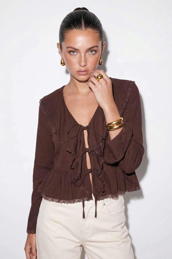 WOVCOR V Neck Long Sleeve Tie Front Lace Detail Blouse