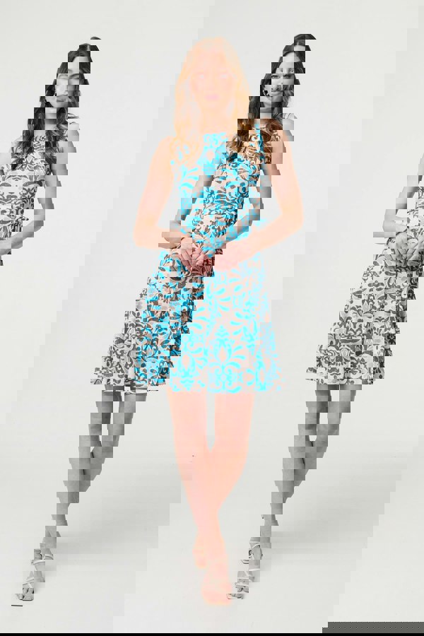 Blue | Printed Tie Waist Knee Length Skater Dress