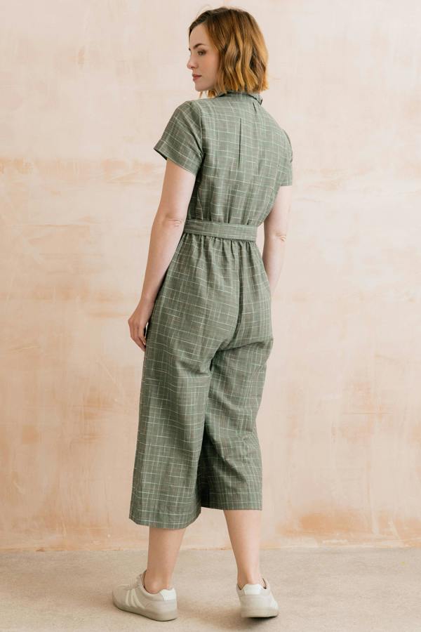 Lily & Me Josie Checked Organic Cotton Cropped Jumpsuit Green
