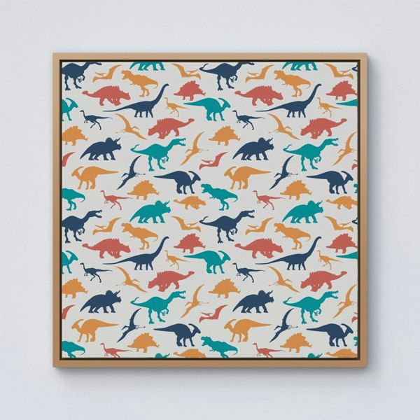 Warren Reed Multicoloured Dinosaurs Framed Canvas