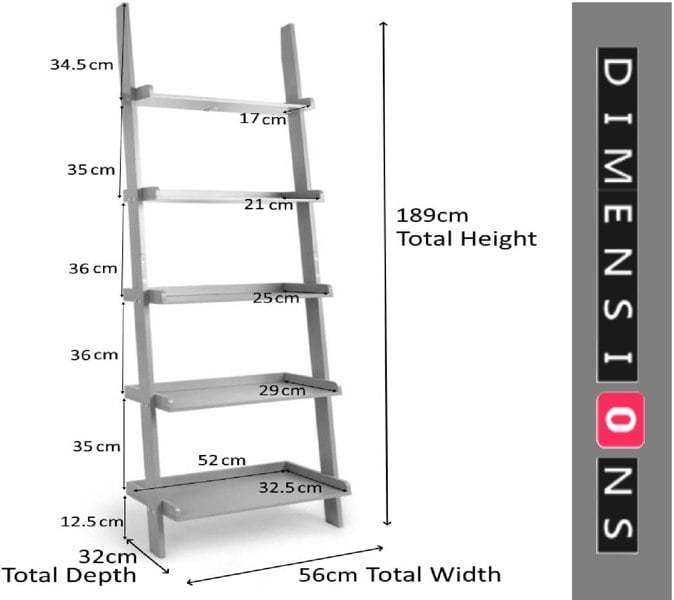 Modcraft 5-Tier White Ladder Shelf - Leaning Storage Bookcase