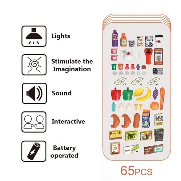 deAO Toys 65 PCS Grocery Store Playset Pretend Supermarket Playset for Kids w/ Shopping Cart Cash Register Play Food Accessories