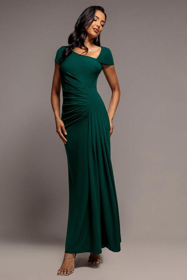 Cap Sleeve Pleated Asymmetric Maxi Dress - Emerald Green DR5115