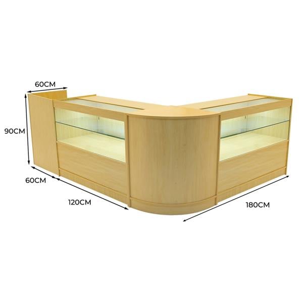 Maple Phoenix LED Shop Counter Set featuring a modern design with glass display sections, curved edges, and ample storage space
