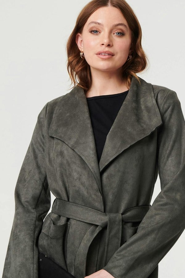 Olive | Suedette Tie Waist Longline Trench Coat
