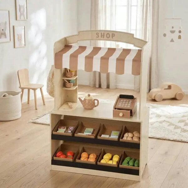 Bobobiy Pretend Play Shop, Wooden Kids Grocery Store Playset with Play Food, Cash Register, Chalkboard, 61 Accessories for 3-8