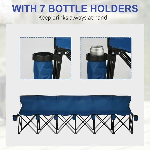 Blue 6-seater folding camping chair with multiple side bottle holders and cup holders
