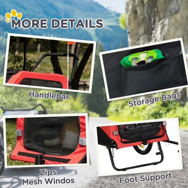 Red and black pet bike trailer details with mesh windows, zippers, and storage bags
