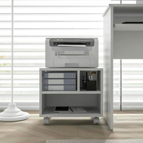 White cabinet with three open compartments and centered printer on the upper shelf