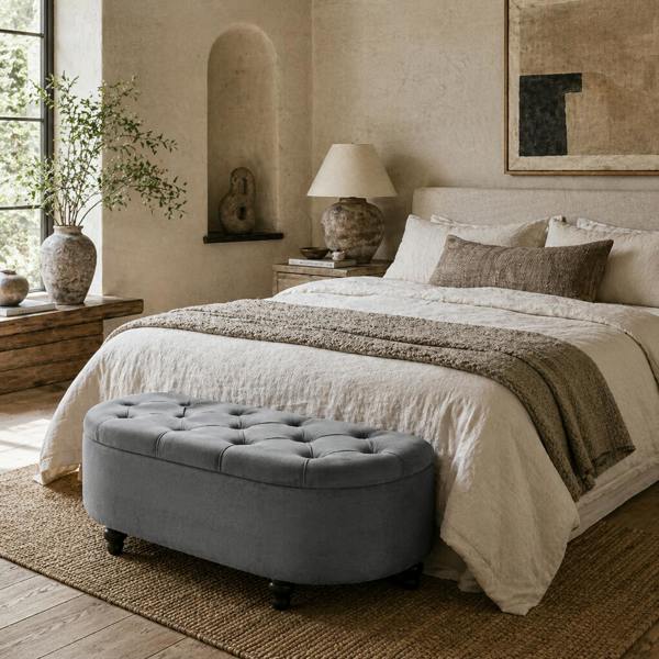 Wyld Haus Rafili Velvet Grey Semi Circle Storage Bench With Tufted Seat
