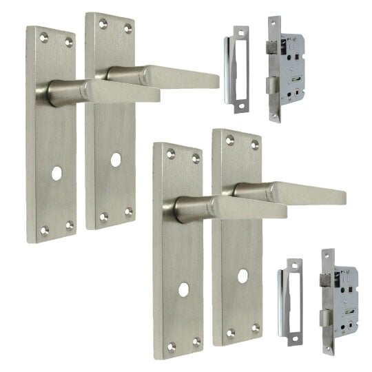 EDH Door Hardware Victorian Straight Satin Nickel Interior Bathroom Door Handles + Bath Sash Lock, 2 Pairs