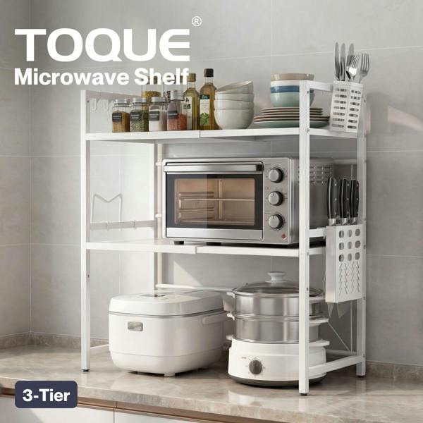 TOQUE 3 Tier Expandable Microwave Oven Rack Stand Kitchen Storage Shelf White