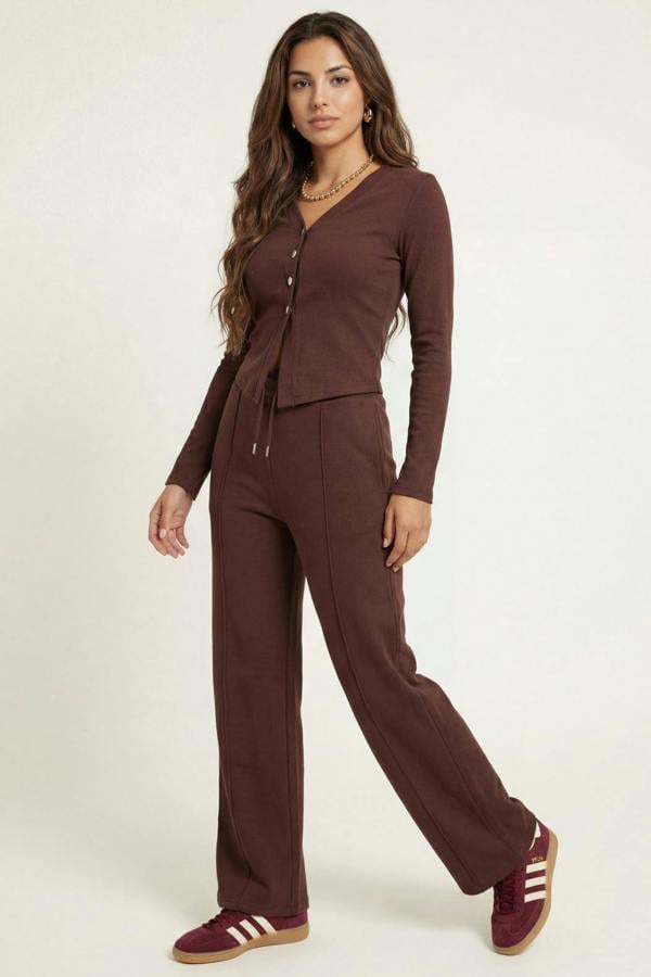 Urban Bliss Soft Rib V Cardigan set Chocolate
