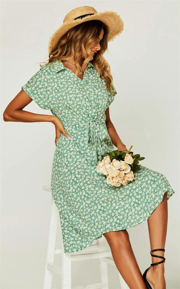 FS Collection Relaxed Floral Print Button Down Midi Shirt Dress In Green
