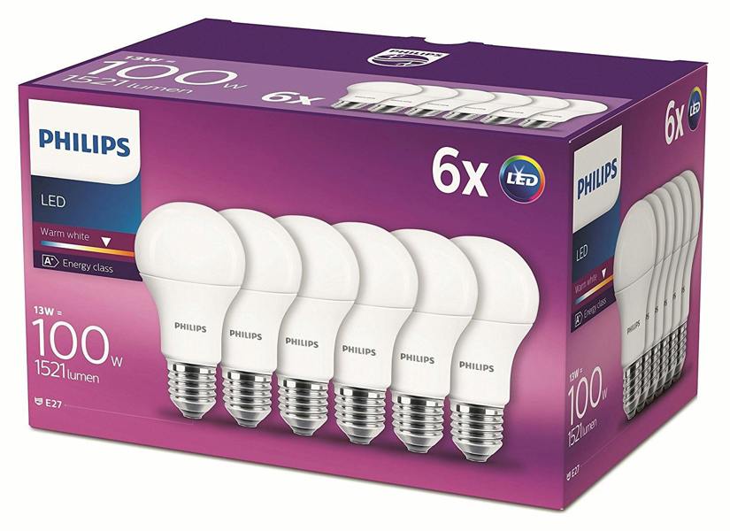 Philips 6 Pack Philips 13 - 100W Frosted E27 Edison LED Bulb 1521lm - Warm White