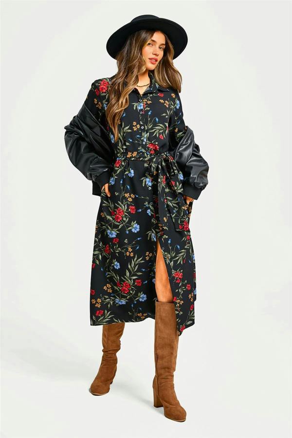 FS Collection Black Floral Print Shirt Midi Dress With Tie Waist + Gold Stretch Leaf Belt