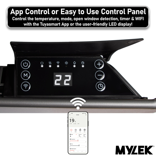 MYLEK Electric Radiator Panel Heater Grey WIFI Smart APP Eco 2000W Bathroom Safe Wall Mounted Timer Thermostat