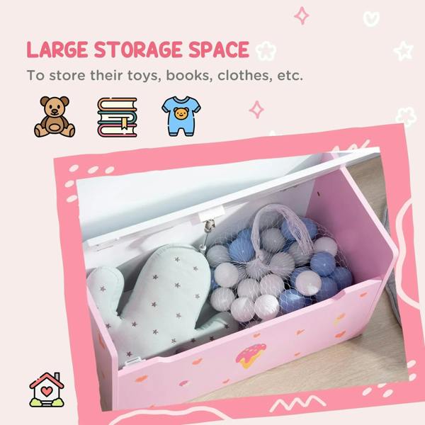 Pink kids storage bench with open lid showing large interior for toys, clothes, and books