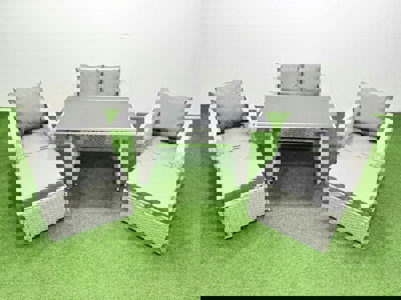 Fimous Outdoor Rattan Garden Furniture Dining Set 6 seater Patio Rectangular Table Love Sofa Reclining Chair Set with 2 Big Stools