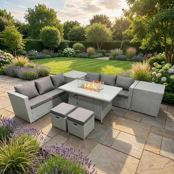 Fimous 8 Seater Rattan Outdoor Garden Furniture Set with Fire Pit Dining Table, Corner Sofa, 2 Side Tables, 2 Footstools - Light Grey