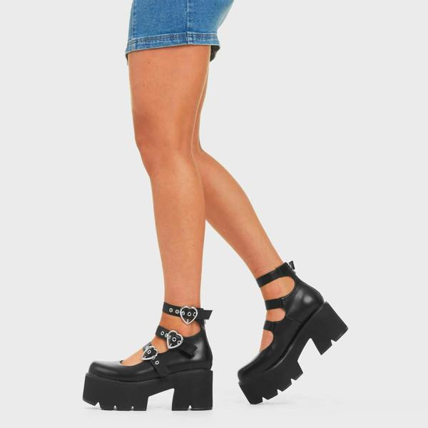 Lamoda Heart Strings BlackPU Mary Jane Shoes Stylish Comfort Footwear