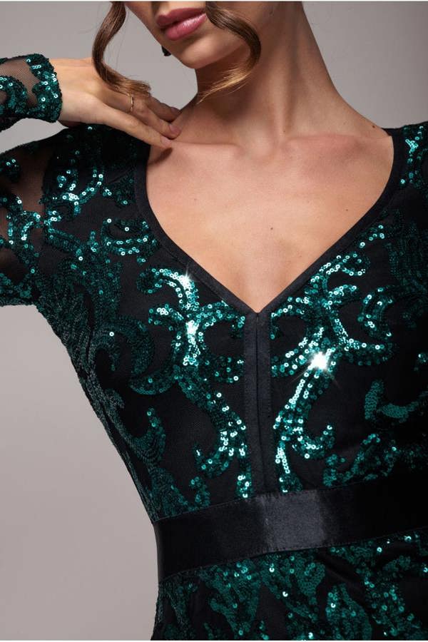Tassel & Sequin Midaxi With Front Split - Emerald Green DR4006