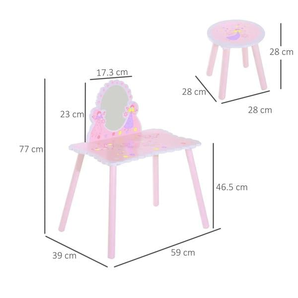 Pink kids dressing table set with oval mirror and matching stool, shown with size outlines
