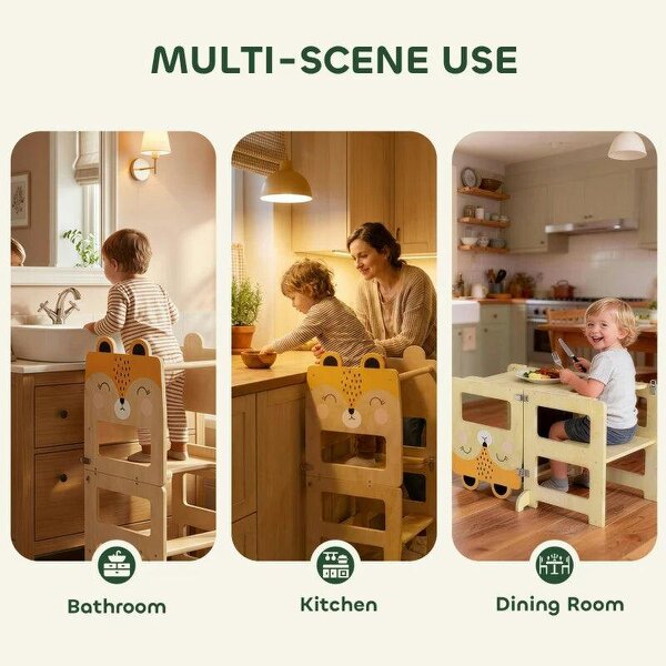 Toddler Step Stool, Standing Tower with Chalkboard, 3-in-1 Fox-Shaped Step Stool for Kitchen Counter, Natural
