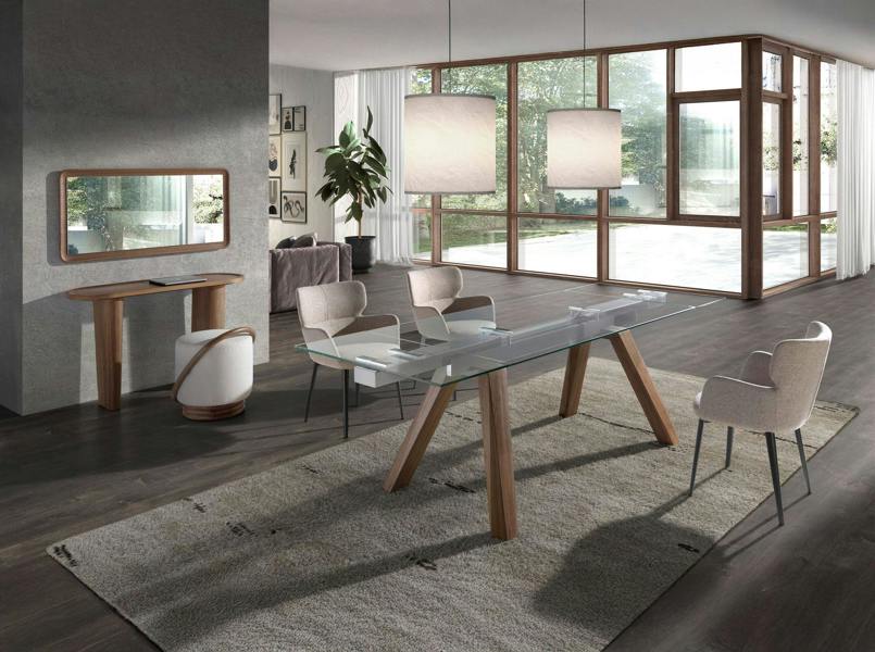 Angel Cerdá Rectangular tempered glass and walnut extending dining table 1123