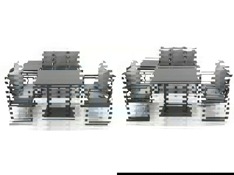 Fimous Outdoor Aluminium Garden Furniture Set with Adjustable Rising Lifting Dining Table 3 Seater Sofa 2 Chair Side Table Dark Grey