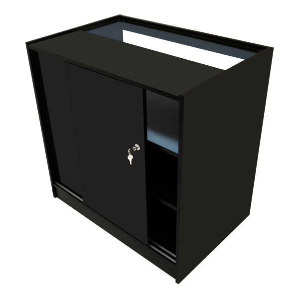Harmonia LED Shop Counter Set in sleek black, featuring a smooth finish, sliding door, and open shelving for display and storage