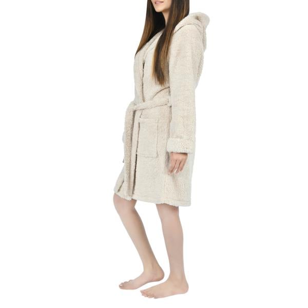Smart Living Women's Faux Fur Fleece Hooded Bathrobe- Natural