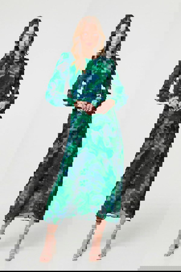 Green | Printed Long Sleeve Chiffon Midi Dress
