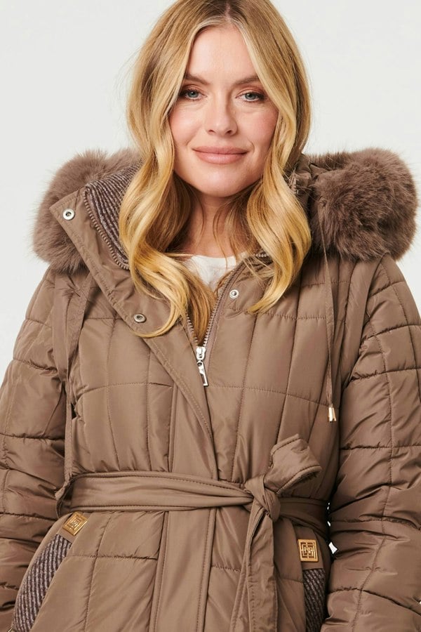 Khaki | Faux Fur Hood Textured Puffer Jacket
